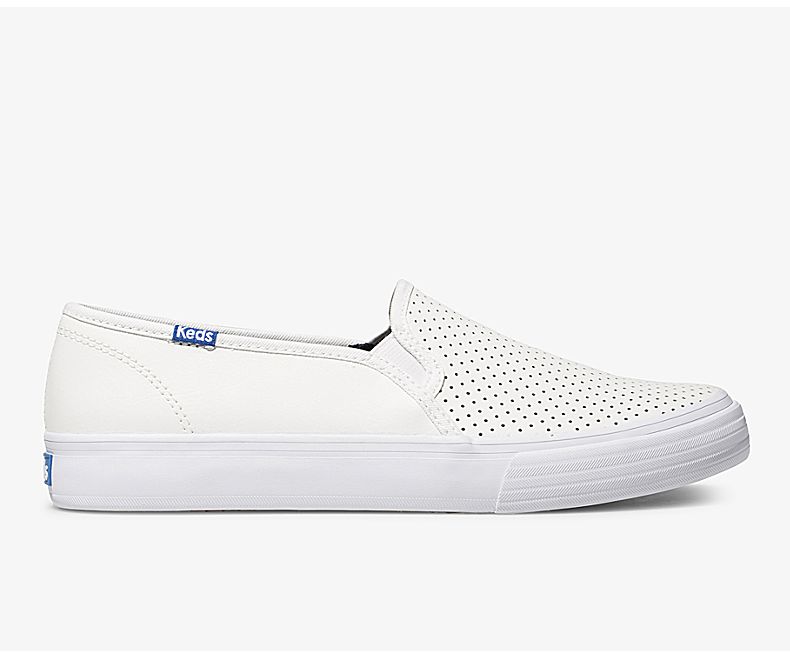 Keds Womens White Slip On Shoes - Keds Double Decker Perf Leather 270VPYDEB